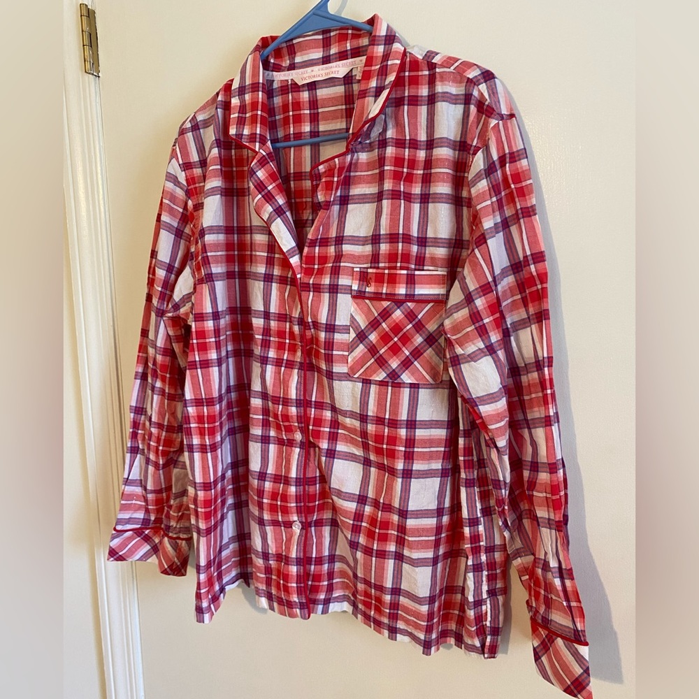 Victoria Secret Plaid Long Sleeve Pajama Top Red Pink White Silver Large